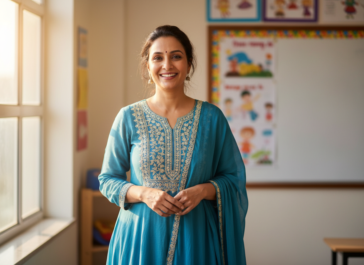 Happy client, a schoolteacher from Varanasi in blue outfit